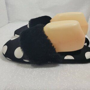 𝅺victoria's Secret Womens Polka Dot Fur Black White Slip On Slipper Size Medium